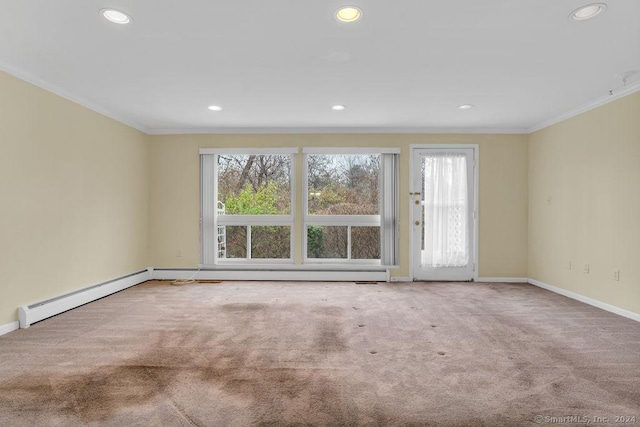 carpeted empty room with ornamental molding and baseboard heating