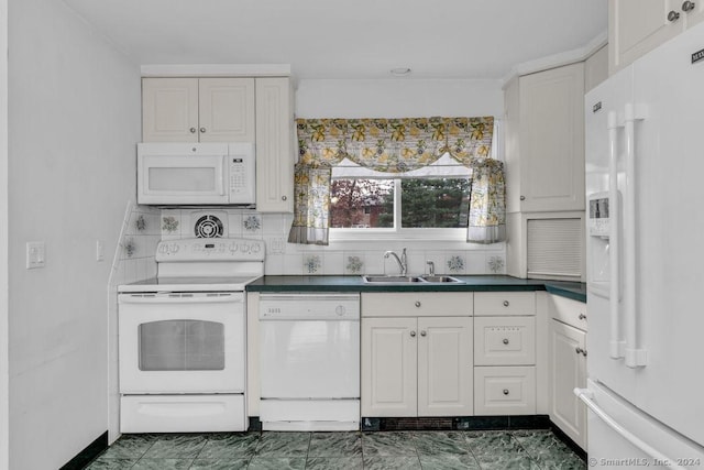 kitchen with decorative backsplash, white cabinetry, sink, and white appliances