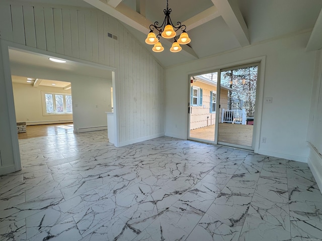 unfurnished dining area featuring lofted ceiling with beams, an inviting chandelier, baseboard heating, and wooden walls