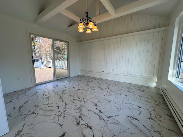 unfurnished dining area featuring baseboard heating, a healthy amount of sunlight, and lofted ceiling with beams