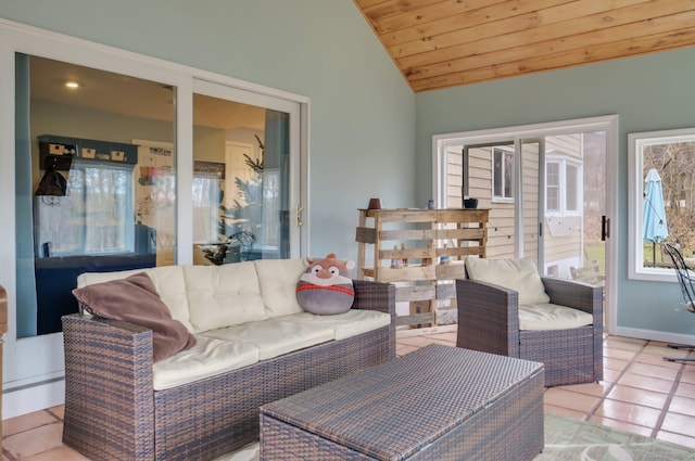 living room featuring light tile patterned flooring, lofted ceiling, and wooden ceiling