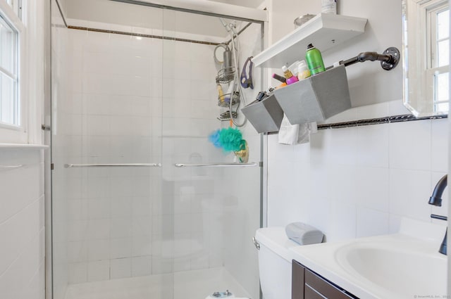 bathroom featuring vanity, toilet, and walk in shower