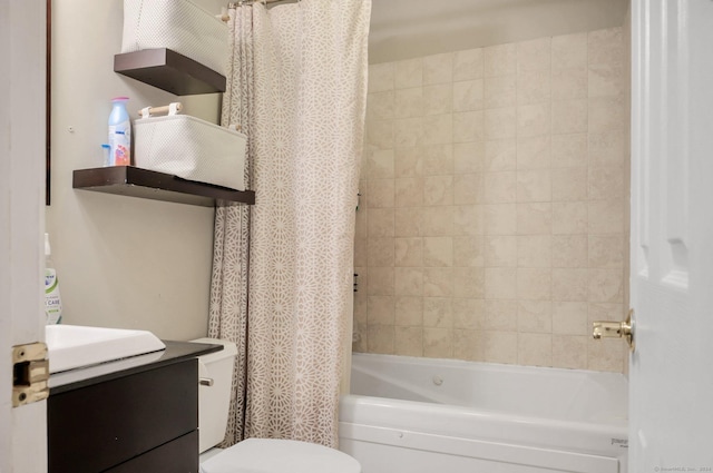 full bathroom featuring vanity, shower / bath combo, and toilet