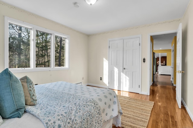 bedroom with baseboard heating, a closet, and hardwood / wood-style floors