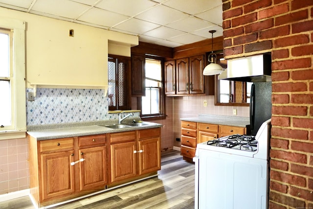 kitchen with a paneled ceiling, pendant lighting, white gas range, and sink