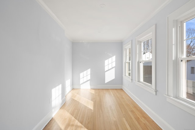 spare room featuring light wood-type flooring and crown molding