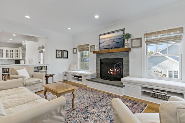 living room with ornamental molding, a stone fireplace, and wood-type flooring