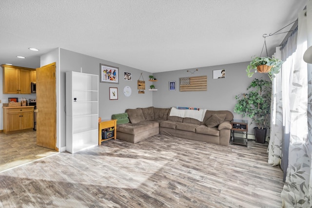 living room featuring a textured ceiling