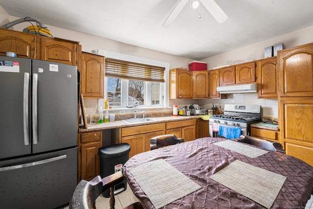 kitchen featuring ceiling fan, stainless steel appliances, tasteful backsplash, and sink