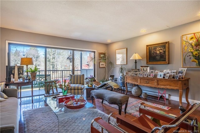 living room with hardwood / wood-style floors and a textured ceiling