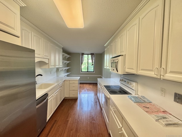 795 Prospect Ave Unit B-5, West Hartford, CT 06105 - kitchen featuring stainless steel appliances, a sink, dark wood-type flooring, light countertops, and open shelves