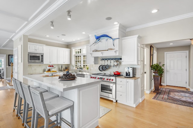 kitchen with white cabinetry, light hardwood / wood-style flooring, a center island, and stainless steel appliances