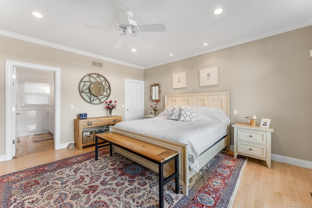 bedroom with connected bathroom, ceiling fan, ornamental molding, and light wood-type flooring