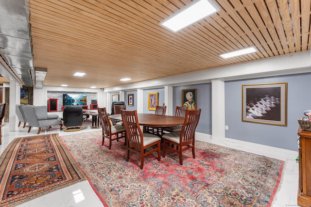 dining area with wooden ceiling