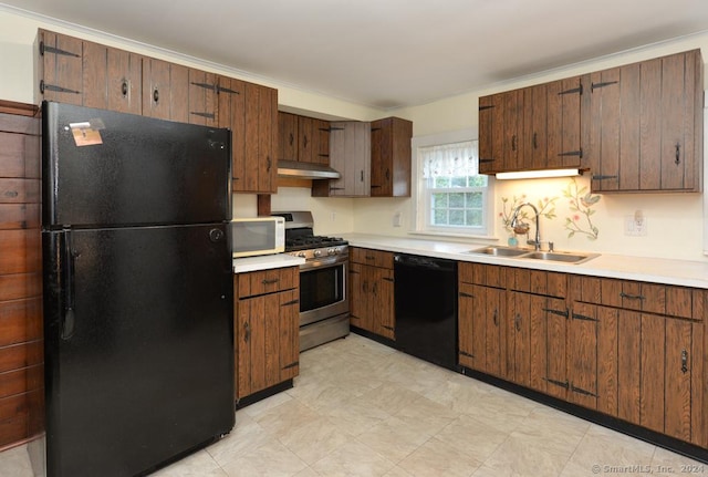 kitchen with black appliances, ornamental molding, sink, and extractor fan