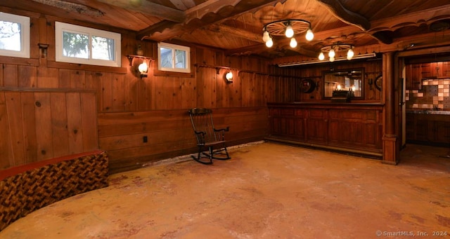 interior space featuring wooden ceiling and wood walls