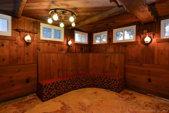 interior space with beamed ceiling, wooden ceiling, and wood walls