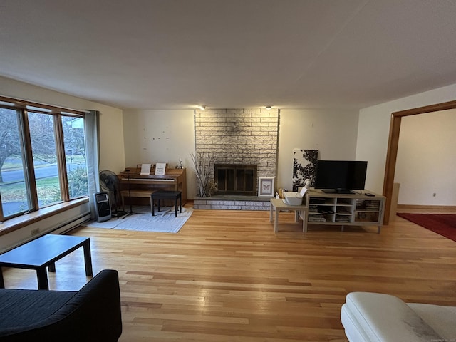 living room with a fireplace and light wood-type flooring