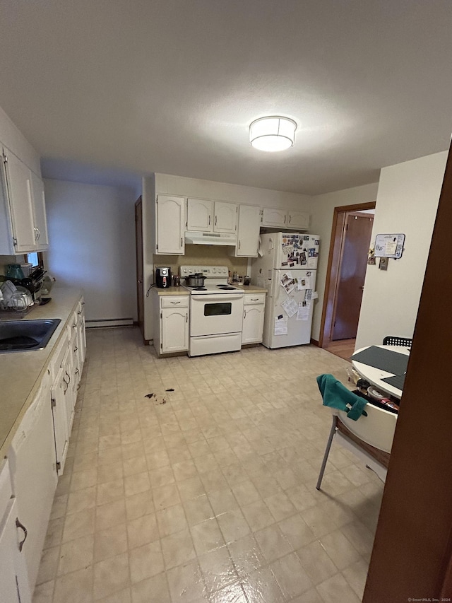 kitchen with white appliances, white cabinetry, a baseboard heating unit, and sink