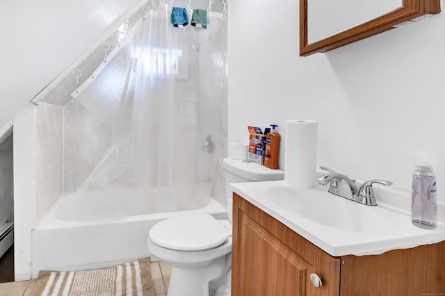 full bathroom with shower / bath combination with curtain, vanity, a baseboard heating unit, tile patterned flooring, and toilet