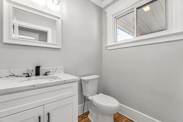 bathroom featuring hardwood / wood-style flooring, vanity, and toilet