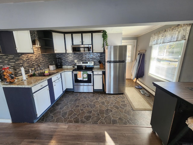 kitchen featuring white cabinets, sink, appliances with stainless steel finishes, a baseboard radiator, and dark hardwood / wood-style flooring