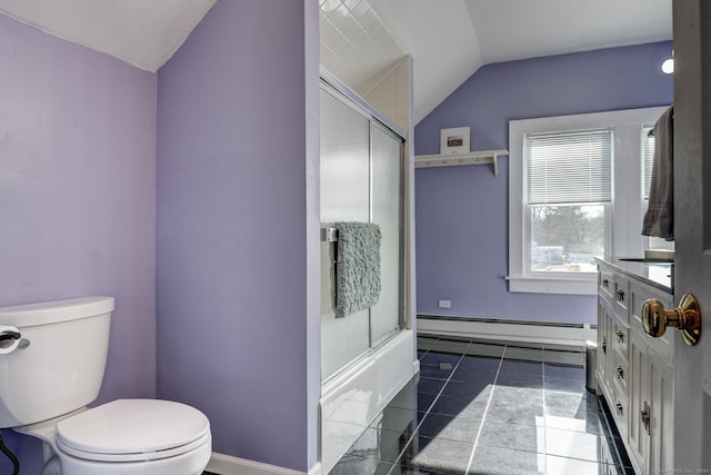 bathroom featuring a baseboard radiator, tile patterned floors, an enclosed shower, vaulted ceiling, and toilet