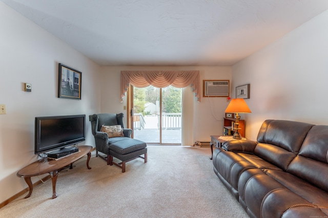 living room with light carpet and a wall unit AC