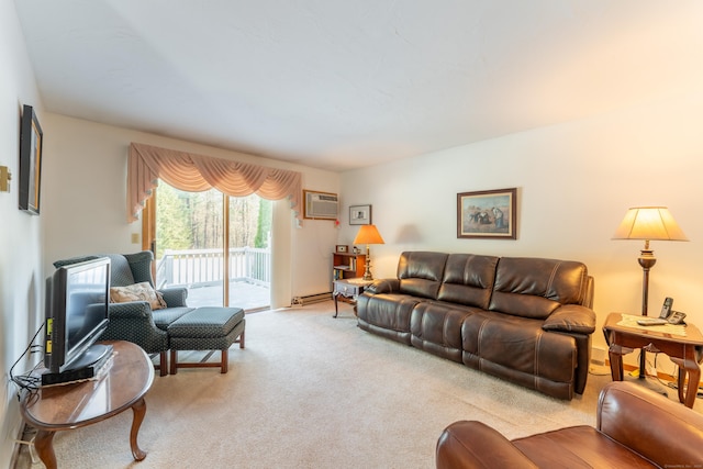 carpeted living room with a wall unit AC