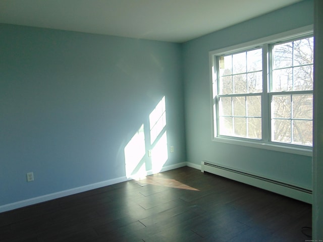 empty room featuring dark hardwood / wood-style floors and a baseboard heating unit