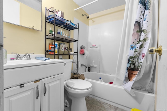 full bathroom featuring tile patterned flooring, shower / bath combo, vanity, and toilet