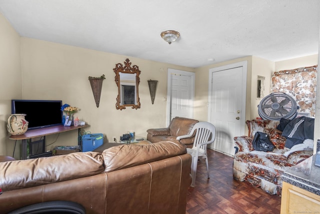 living room featuring dark parquet flooring and a textured ceiling