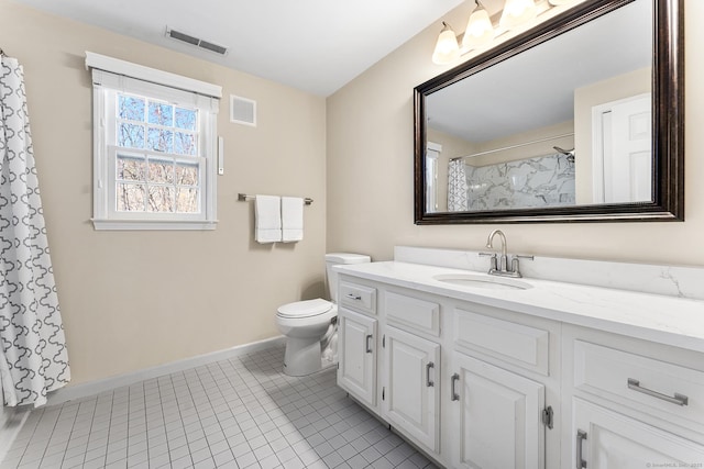 bathroom with toilet, tile patterned flooring, a shower with shower curtain, and vanity