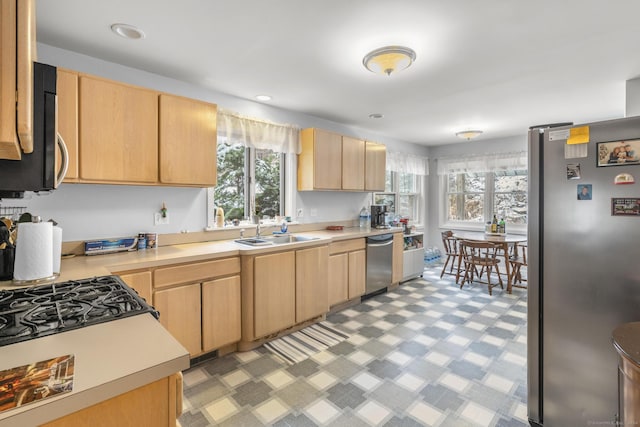 kitchen with light brown cabinets, sink, and appliances with stainless steel finishes