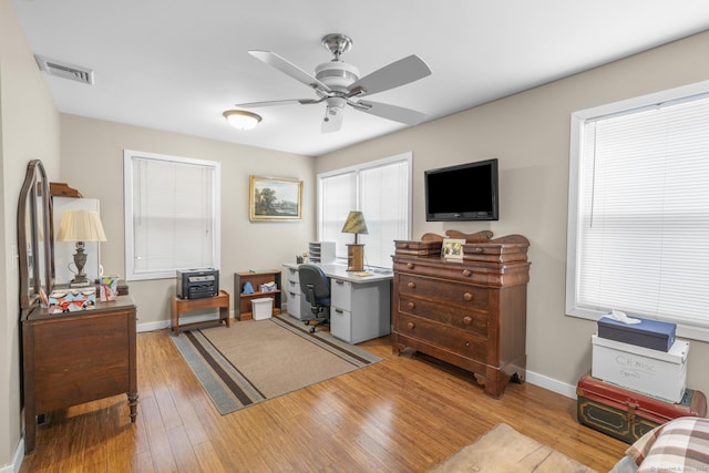 bedroom with ceiling fan and light wood-type flooring