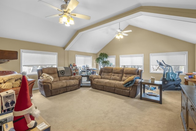 carpeted living room with ceiling fan and lofted ceiling