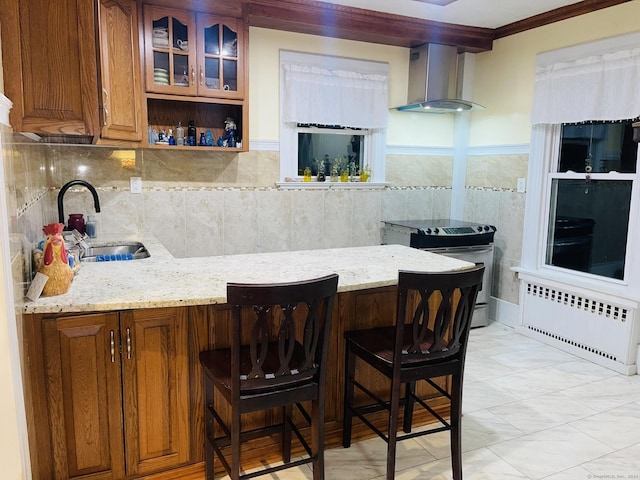 kitchen with electric range, radiator heating unit, wall chimney exhaust hood, sink, and light stone counters