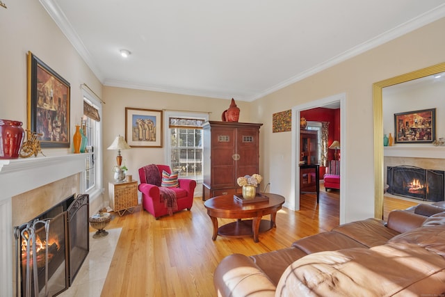 living room with crown molding and light hardwood / wood-style flooring