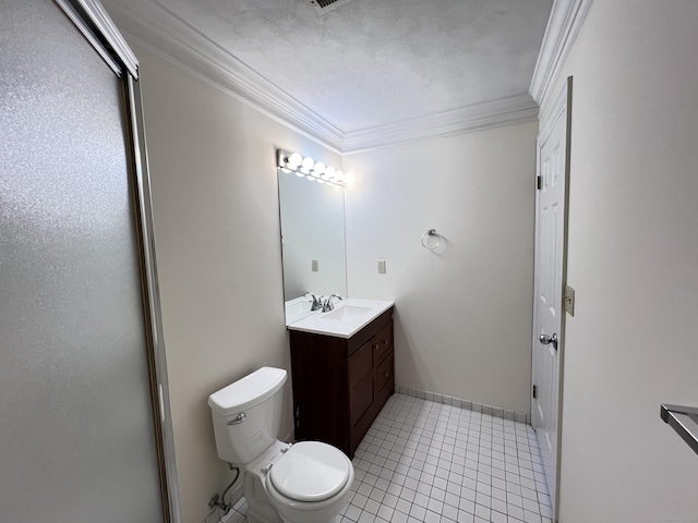 bathroom with tile patterned flooring, vanity, toilet, and ornamental molding