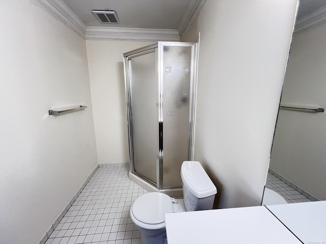 bathroom featuring vanity, toilet, an enclosed shower, and crown molding