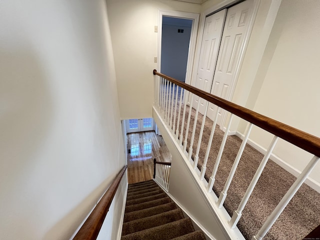 stairway featuring carpet