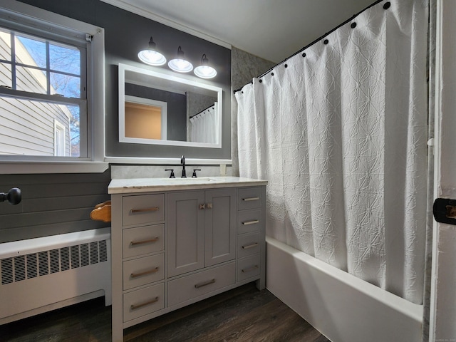 bathroom with hardwood / wood-style flooring, vanity, and radiator