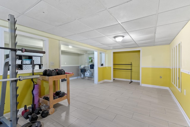 exercise area featuring a drop ceiling and light hardwood / wood-style floors