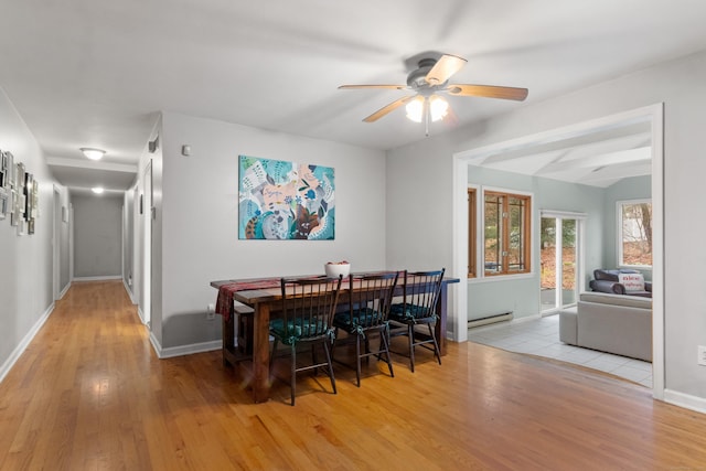 dining room featuring ceiling fan, light wood-type flooring, and baseboard heating