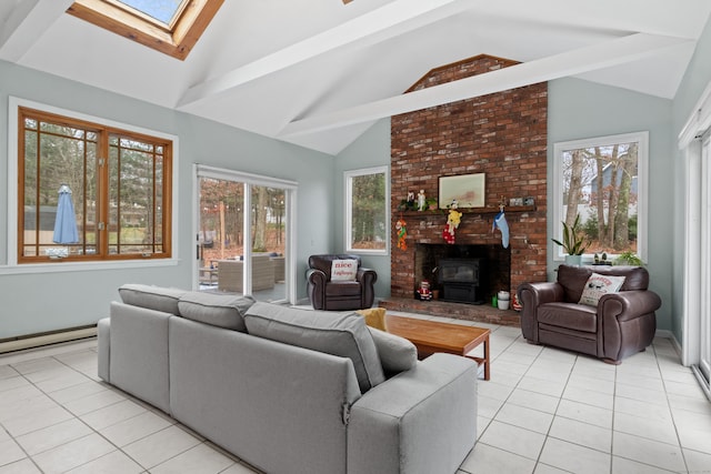 tiled living room featuring a healthy amount of sunlight, a baseboard heating unit, high vaulted ceiling, and a skylight