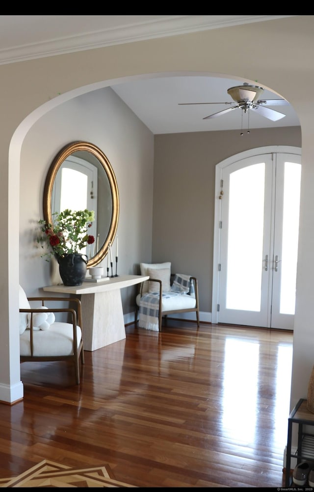 entrance foyer featuring ornamental molding, plenty of natural light, and dark hardwood / wood-style flooring