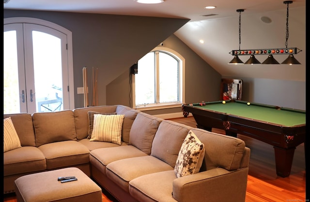 1461 Bunker Hill Rd, Watertown, CT 06795 - game room featuring recessed lighting, wood finished floors, billiards, vaulted ceiling, and french doors
