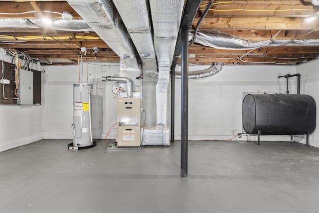 basement featuring electric panel and water heater