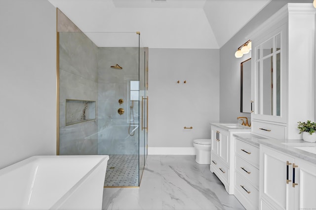 full bathroom featuring toilet, vanity, vaulted ceiling, and shower with separate bathtub