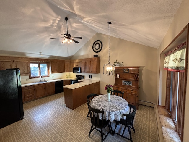 kitchen featuring sink, baseboard heating, lofted ceiling, black appliances, and ceiling fan with notable chandelier